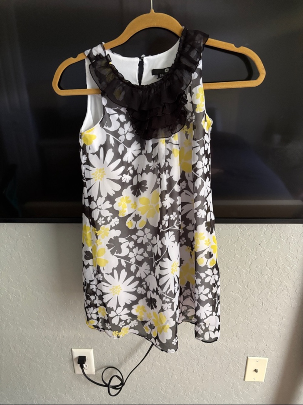 Girls Floral Chiffon Dress with Black Ruffle Neckline - Yellow & White